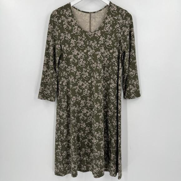 Garnet Hill Seamed Knit Trapeze Dress Olive Dot Floral 3/4 Sleeves Size Small - Picture 2 of 10
